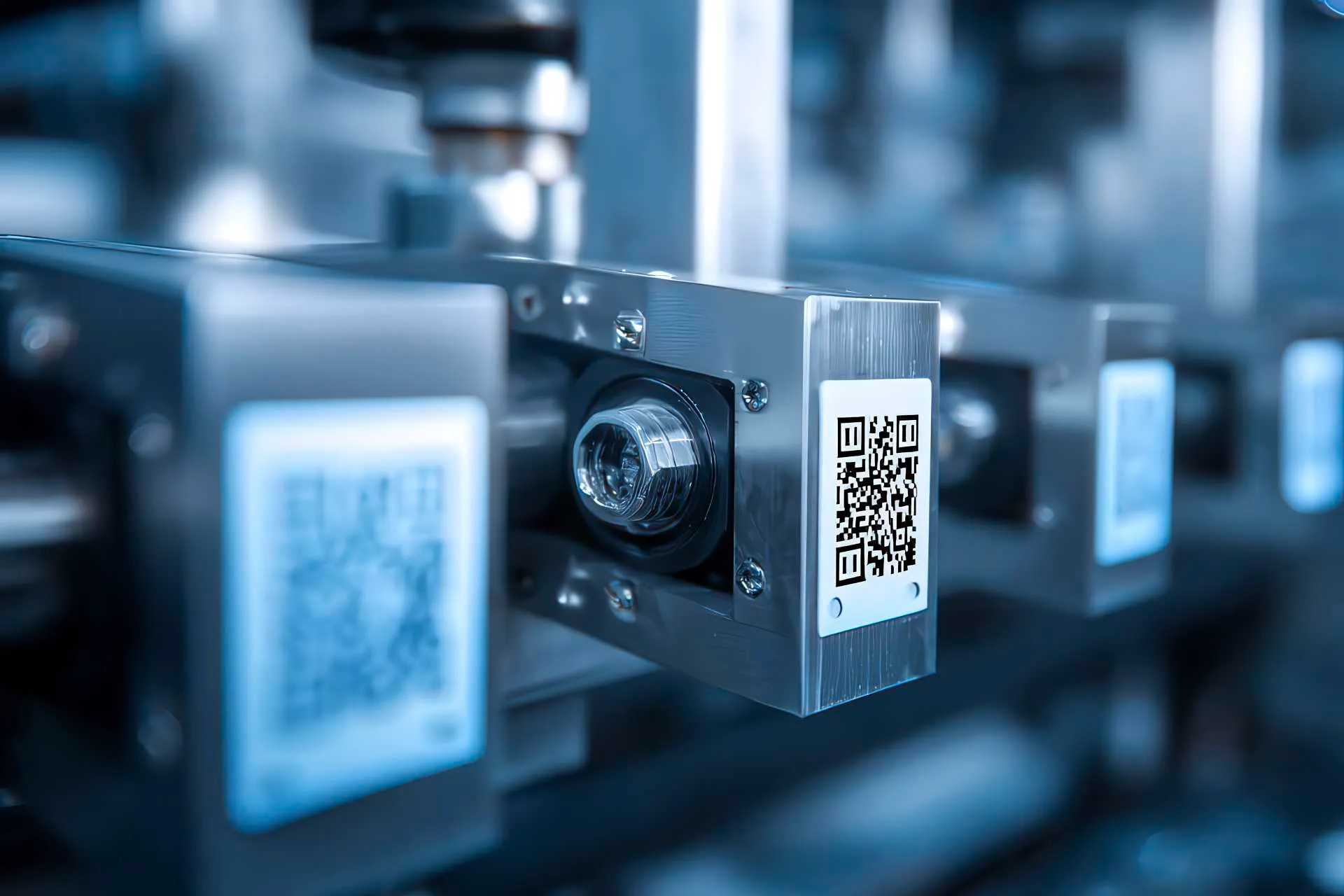 Close-up su sensori, tag RFID e codici QR in una linea di assemblaggio