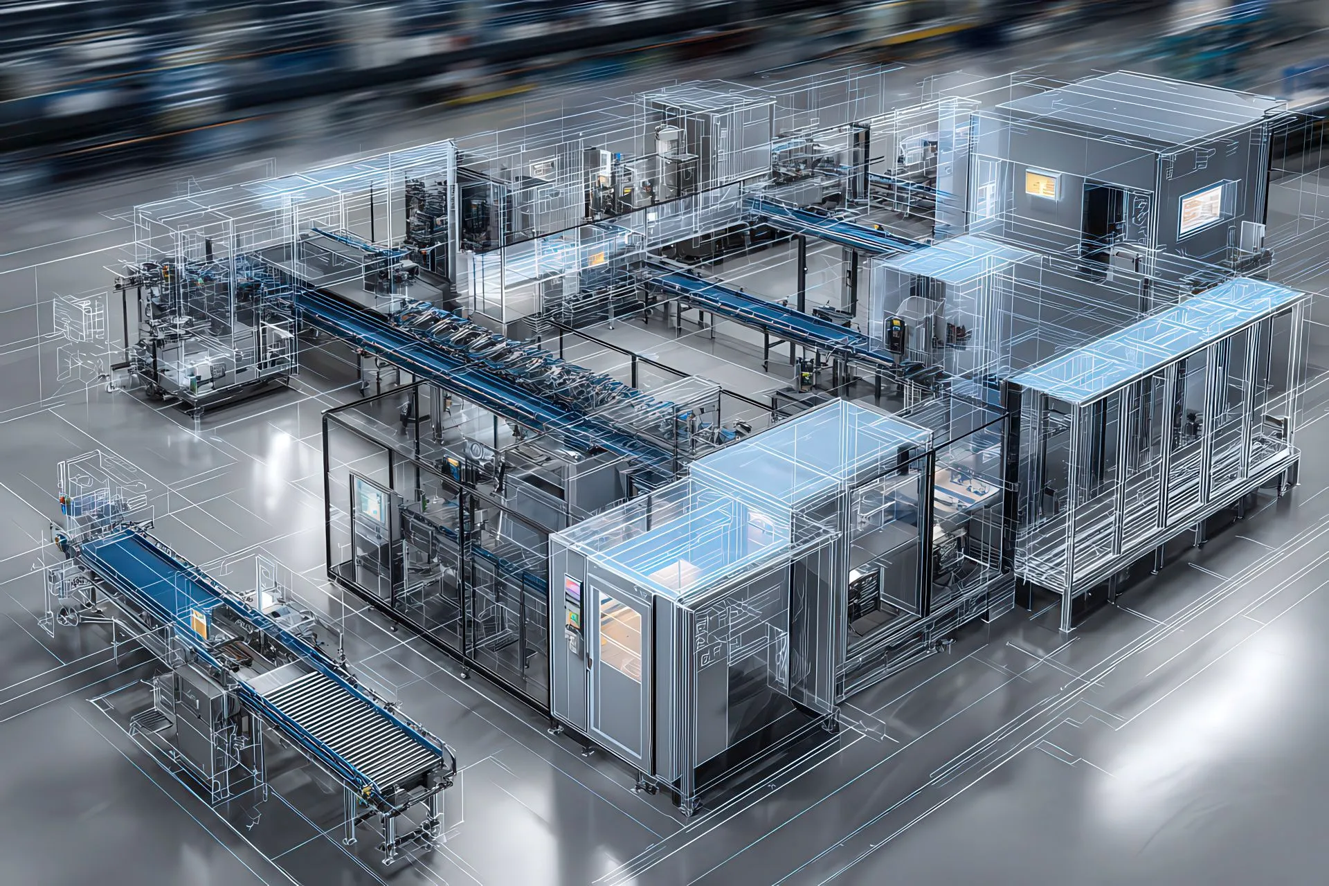 Linea produttiva industriale con protezioni modulari integrate nel layout