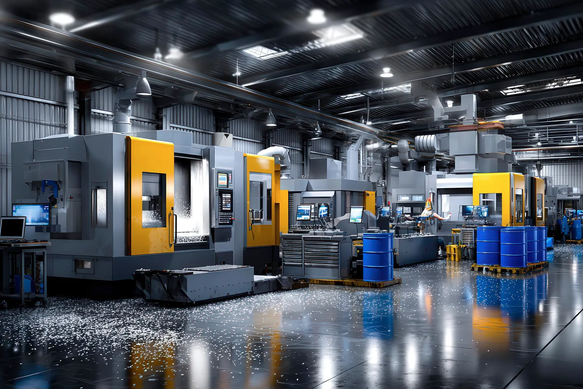 Diverse macchine industriali rumorose racchiuse in cabine LPM operative