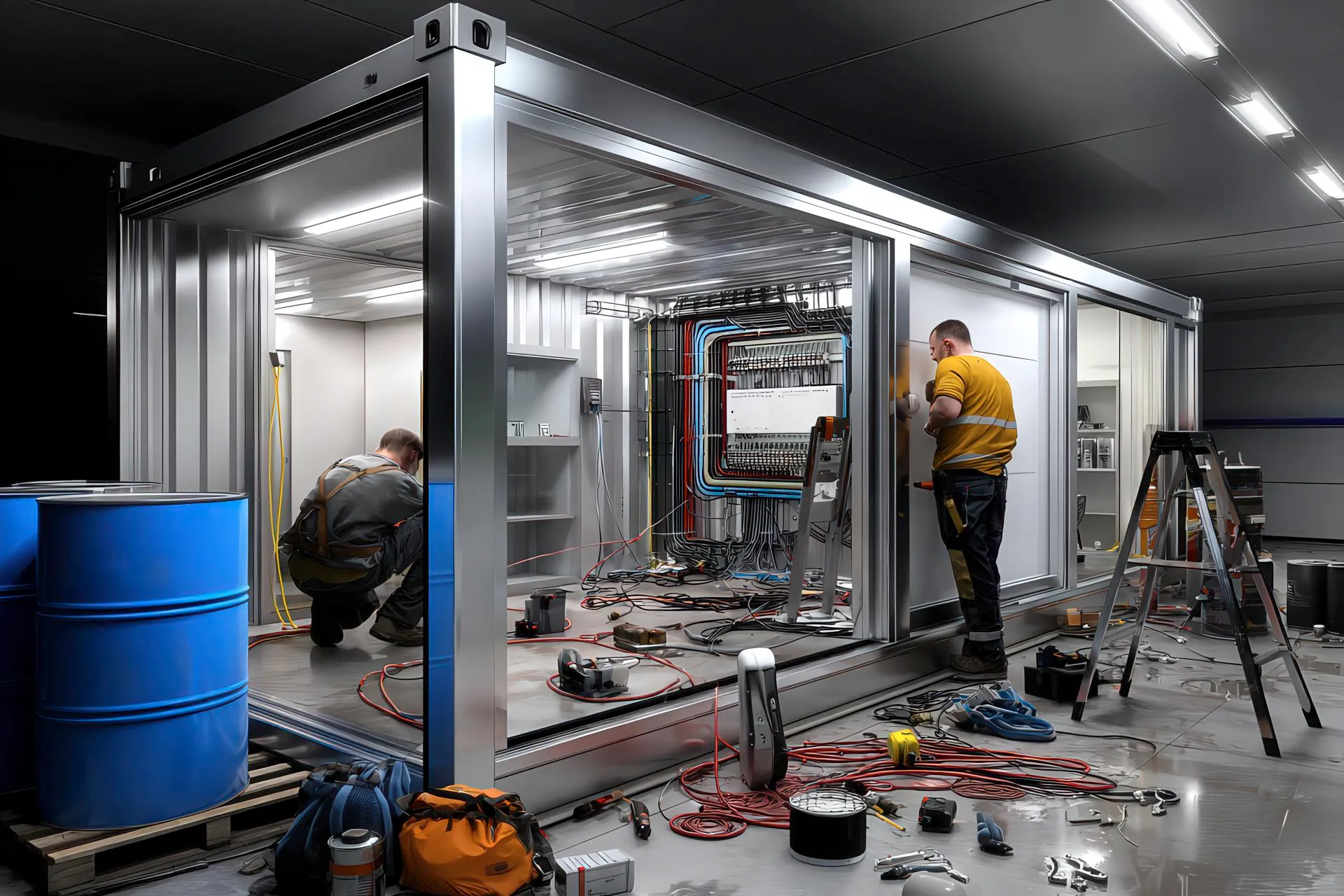 Tecnici installano impianto elettrico all’interno di cabina LPM in fase di montaggio