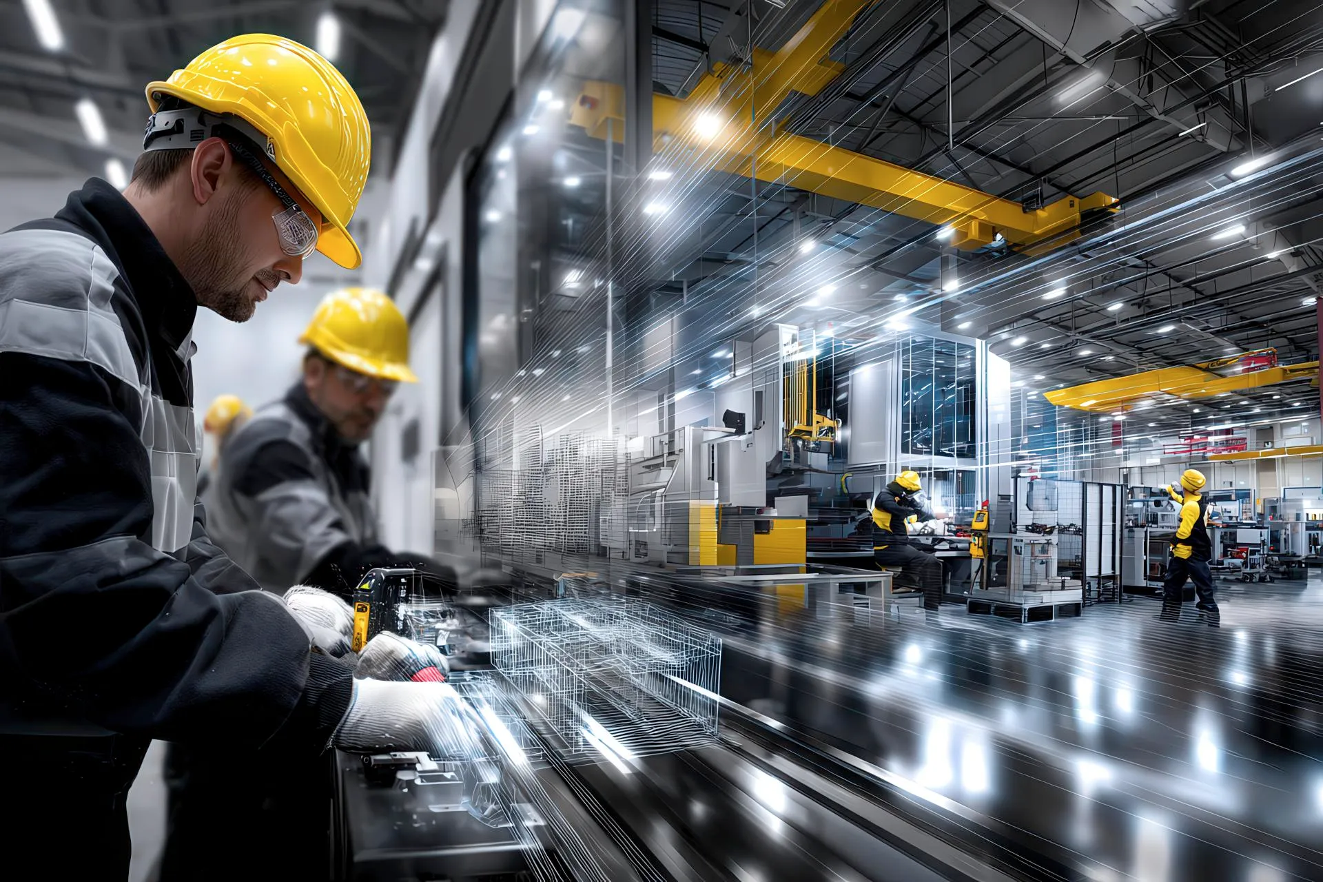 Collage industriale che mostra sopralluogo, CAD, installazione e cabina LPM completata