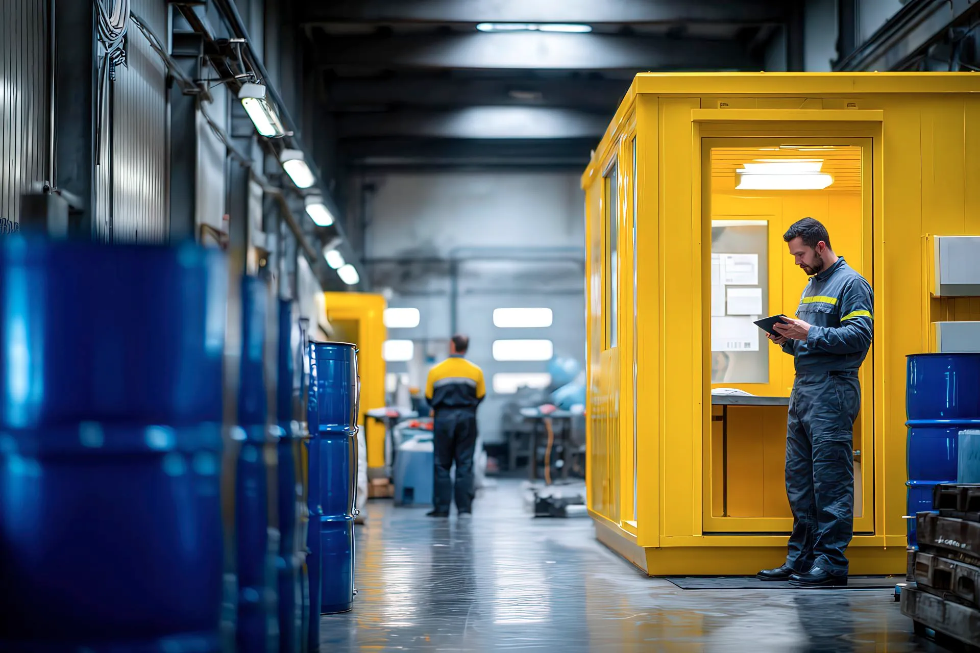 Tecnico misura e documenta i dati acustici di una cabina LPM in fabbrica