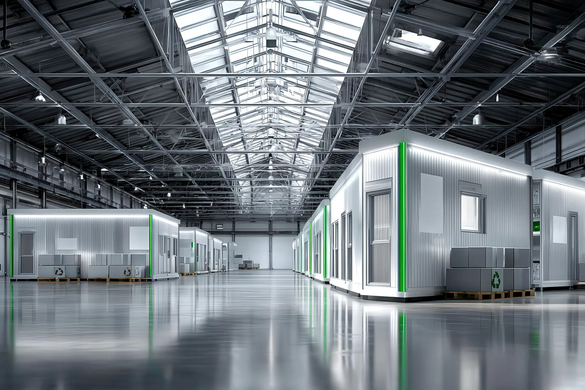 Cabina insonorizzata LPM modulare in ambiente industriale pulito con accenti green