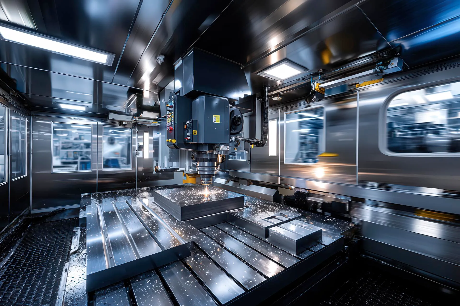 Interno cabina LPM con fresa CNC che lavora acciaio e sistema di visione artificiale